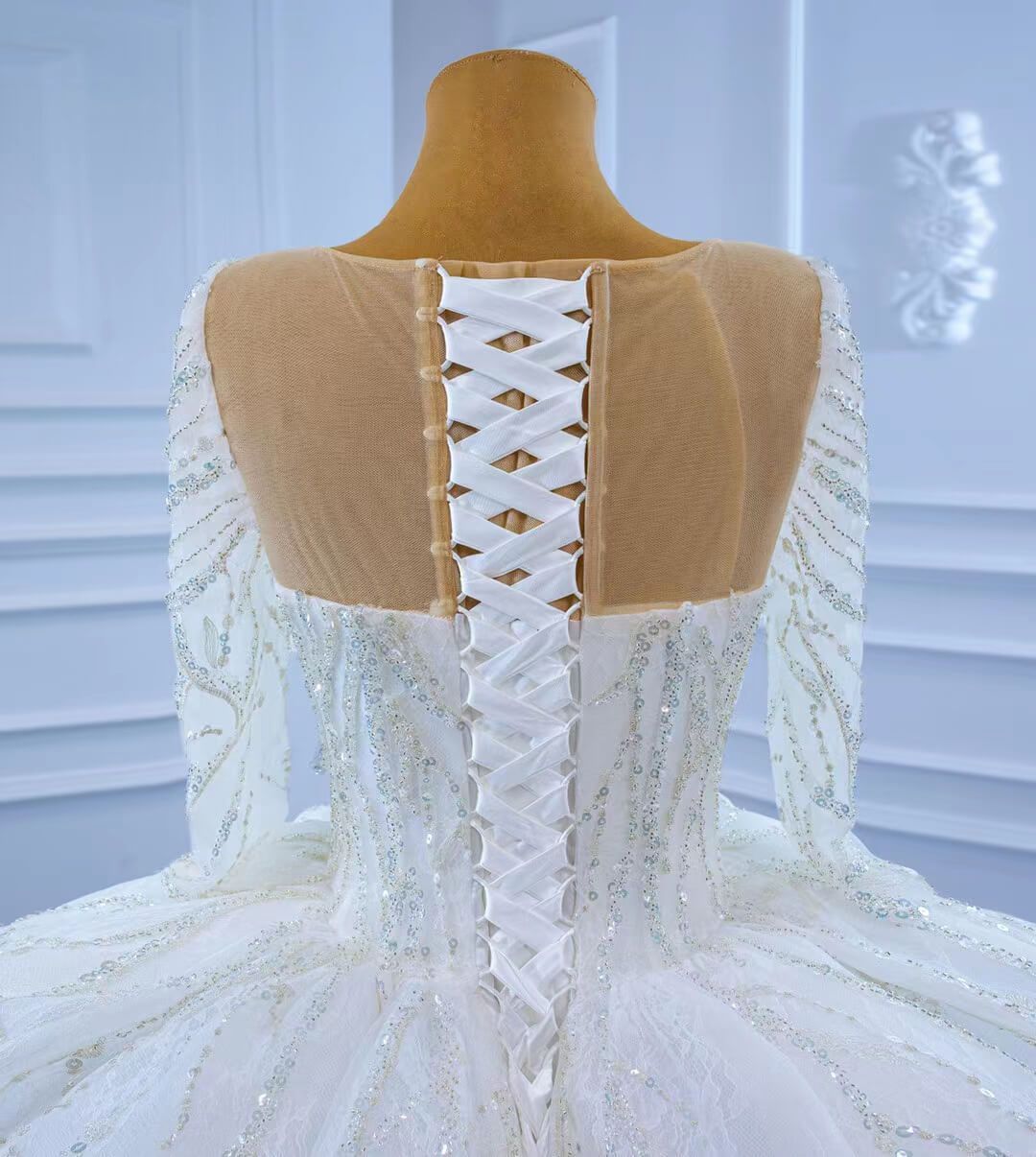 Beaded Long Sleeve Wedding Gown Luxury Dubai Wedding Dress 67273-wedding dresses 2025 -Viniodress-As Picture-Custom Size-