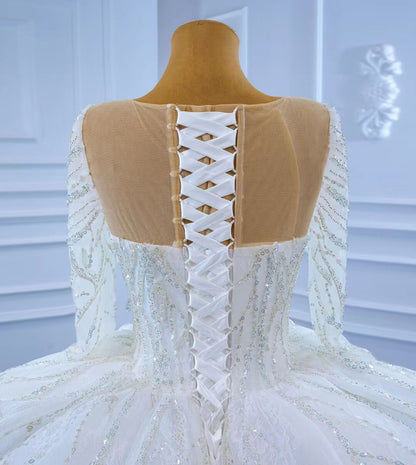Beaded Long Sleeve Wedding Gown Luxury Dubai Wedding Dress 67273-wedding dresses 2025 -Viniodress-As Picture-Custom Size-