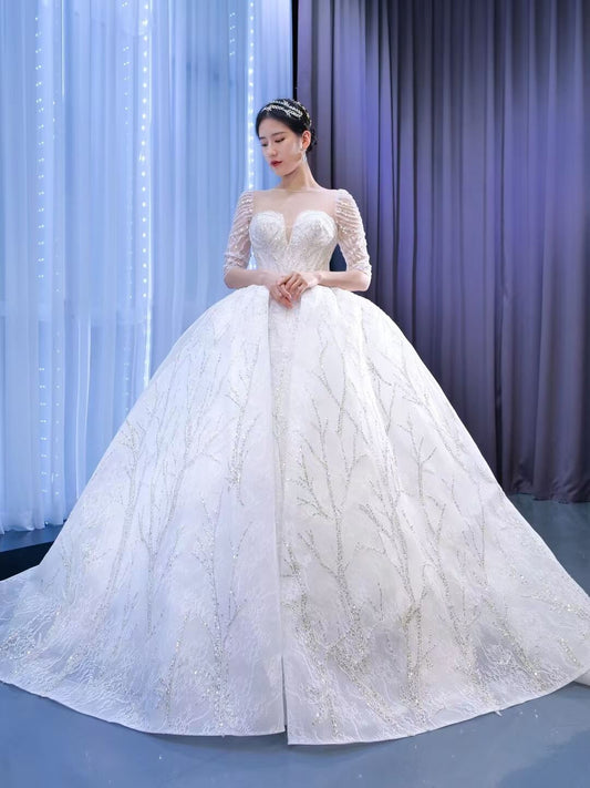 Beaded Long Sleeve Wedding Gown Luxury Dubai Wedding Dress 67273-wedding dresses 2025 -Viniodress-As Picture-Custom Size-