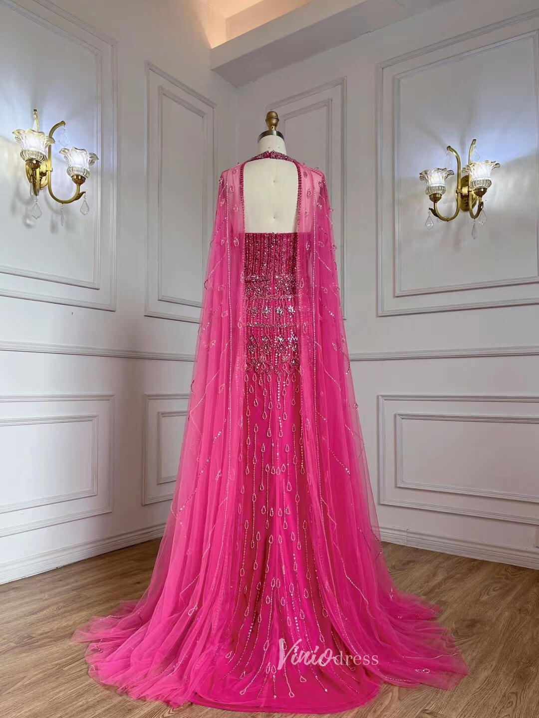 Beaded Magenta Pageant Dress with Cape 1920s Evening Dresses 20057-Evening Dresses 2025 -Viniodress-Magenta-US 2-