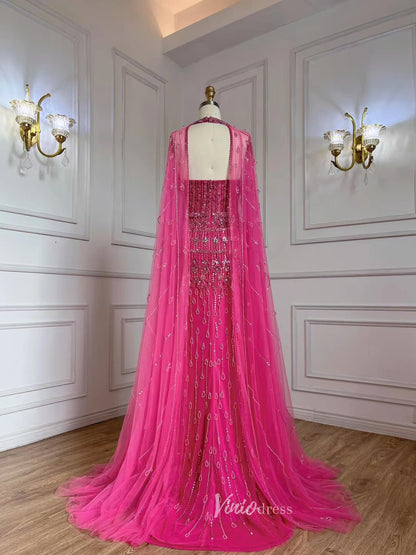 Beaded Magenta Pageant Dress with Cape 1920s Evening Dresses 20057-Evening Dresses 2025 -Viniodress-Magenta-US 2-