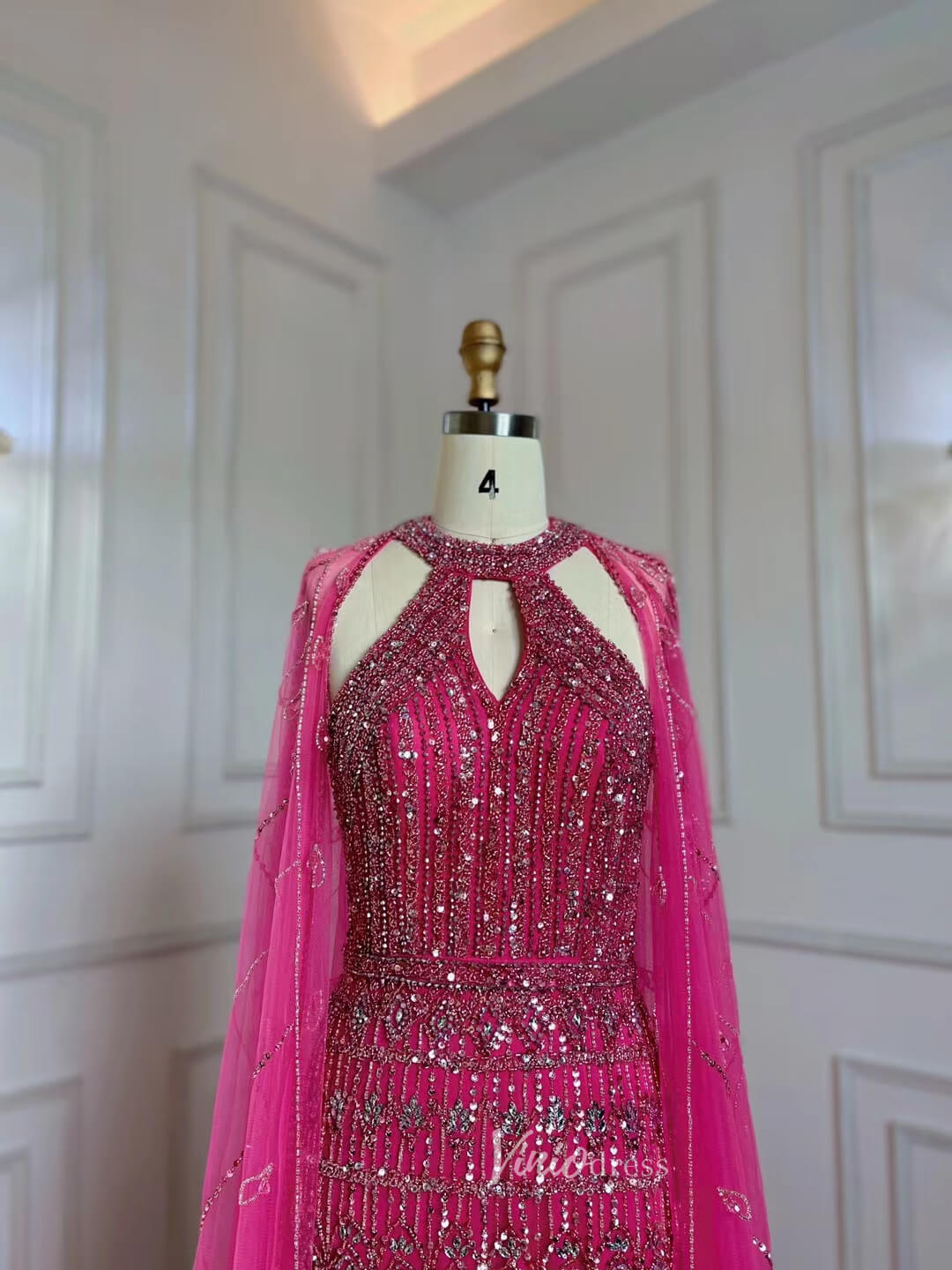 Beaded Magenta Pageant Dress with Cape 1920s Evening Dresses 20057-Evening Dresses 2025 -Viniodress-Magenta-US 2-