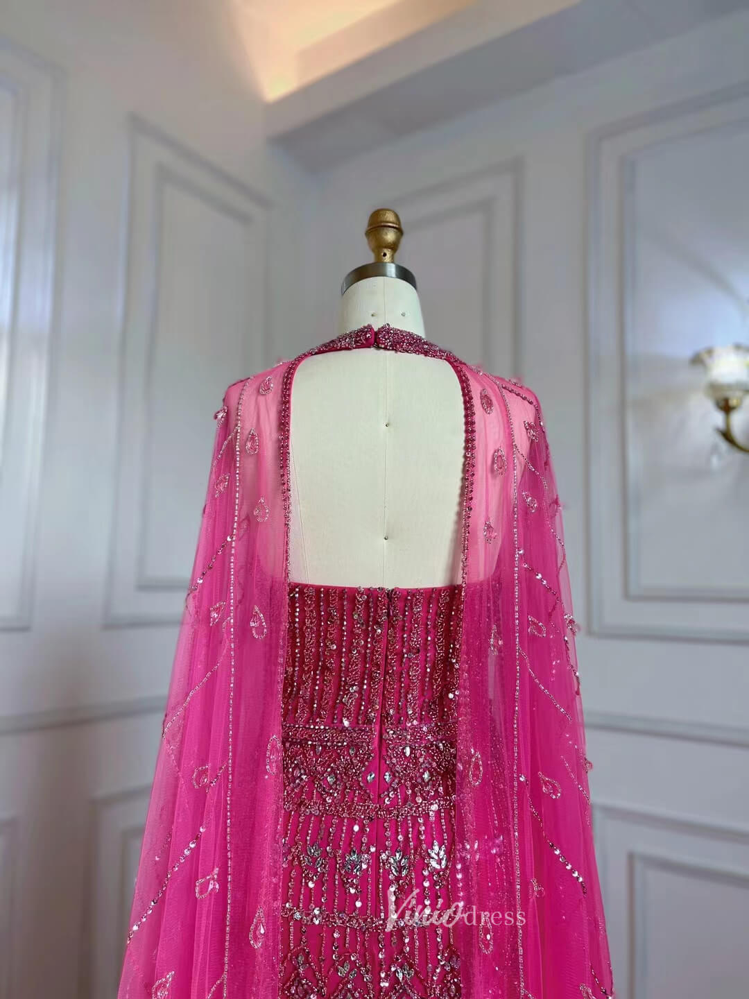 Beaded Magenta Pageant Dress with Cape 1920s Evening Dresses 20057-Evening Dresses 2025 -Viniodress-Magenta-US 2-