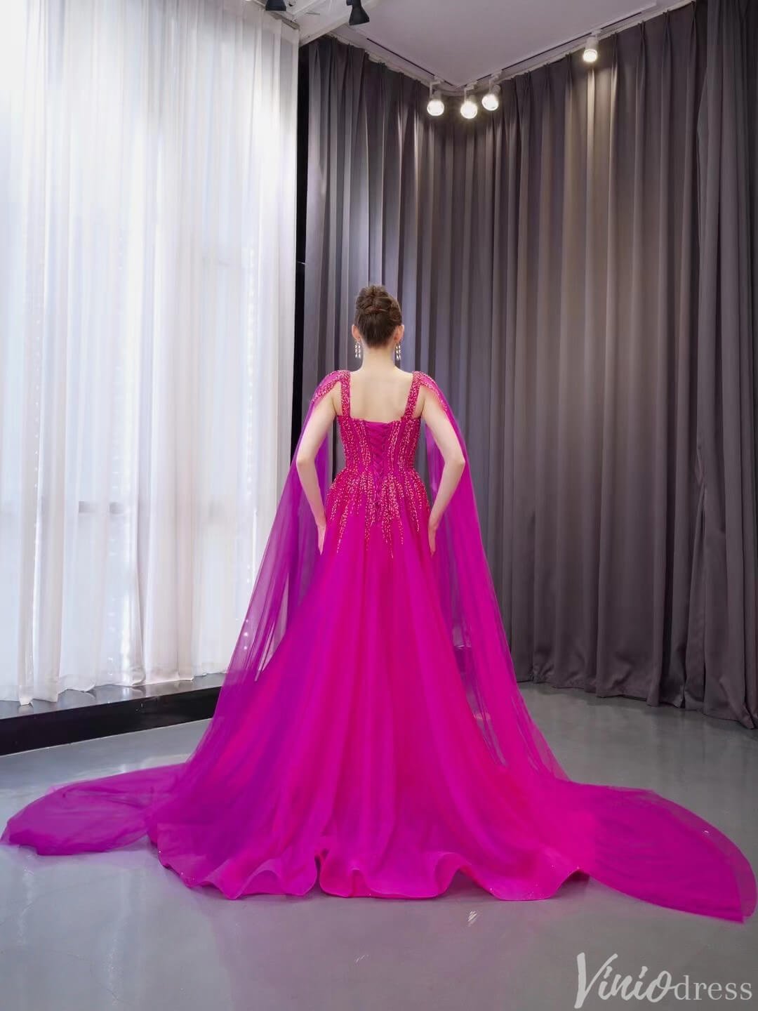 Beaded Magenta Tulle Prom Dress with Slit Evening Gown Cape Sleeve 241093-Evening Dresses 2025 -Viniodress-Magenta-Custom Size-
