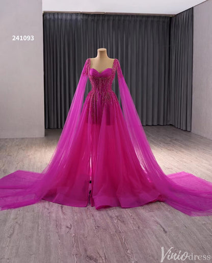 Beaded Magenta Tulle Prom Dress with Slit Evening Gown Cape Sleeve 241093-Evening Dresses 2025 -Viniodress-Magenta-Custom Size-