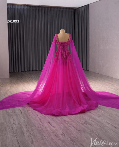 Beaded Magenta Tulle Prom Dress with Slit Evening Gown Cape Sleeve 241093-Evening Dresses 2025 -Viniodress-Magenta-Custom Size-
