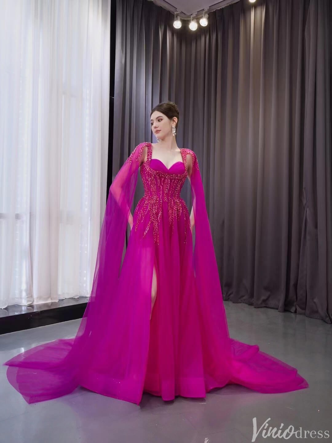 Beaded Magenta Tulle Prom Dress with Slit Evening Gown Cape Sleeve 241093-Evening Dresses 2025 -Viniodress-Magenta-Custom Size-