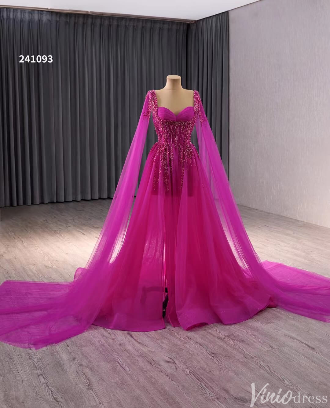 Beaded Magenta Tulle Prom Dress with Slit Evening Gown Cape Sleeve 241093-Prom Dresses-Viniodress-Viniodress