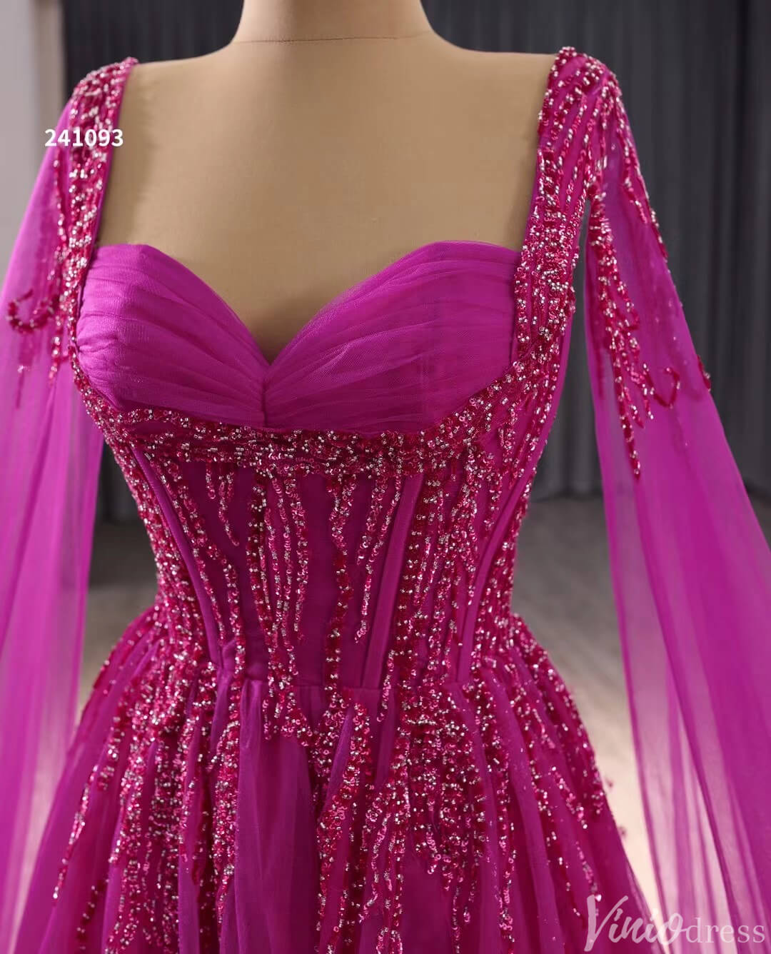 Beaded Magenta Tulle Prom Dress with Slit Evening Gown Cape Sleeve 241093-Prom Dresses-Viniodress-Viniodress