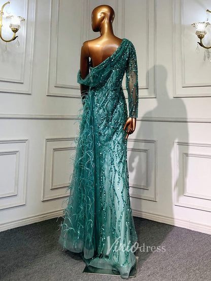Beaded Mauve Feather Prom Dressses One Shoulder Long Sleeve Green Evening Dress 20009-Evening Dresses 2025 -Viniodress-Emerald Green-US 2-