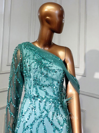 Beaded Mauve Feather Prom Dressses One Shoulder Long Sleeve Green Evening Dress 20009-Evening Dresses 2025 -Viniodress-Emerald Green-US 2-