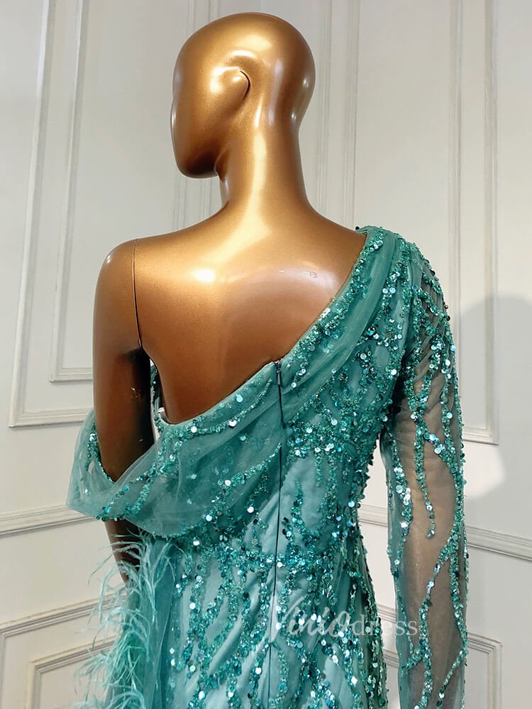 Beaded Mauve Feather Prom Dressses One Shoulder Long Sleeve Green Evening Dress 20009-Evening Dresses 2025 -Viniodress-Emerald Green-US 2-