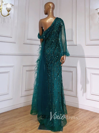 Beaded Mauve Feather Prom Dressses One Shoulder Long Sleeve Green Evening Dress 20009-Evening Dresses 2025 -Viniodress-Emerald Green-US 2-