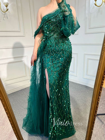 Beaded Mauve Feather Prom Dressses One Shoulder Long Sleeve Green Evening Dress 20009-Evening Dresses 2025 -Viniodress-Emerald Green-US 2-