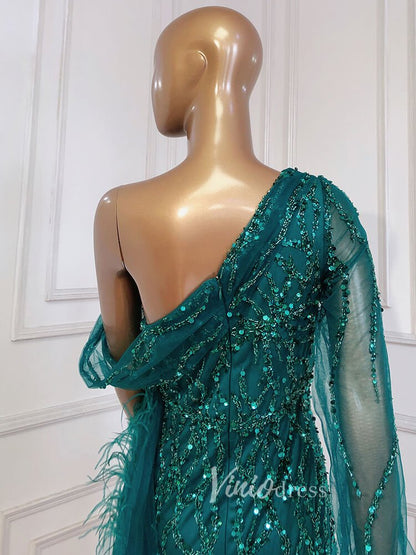 Beaded Mauve Feather Prom Dressses One Shoulder Long Sleeve Green Evening Dress 20009-Evening Dresses 2025 -Viniodress-Emerald Green-US 2-