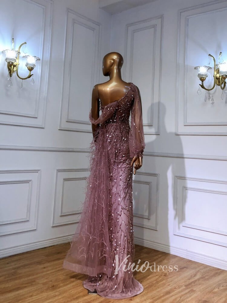 Beaded Mauve Feather Prom Dressses One Shoulder Long Sleeve Green Evening Dress 20009-Evening Dresses 2025 -Viniodress-Emerald Green-US 2-