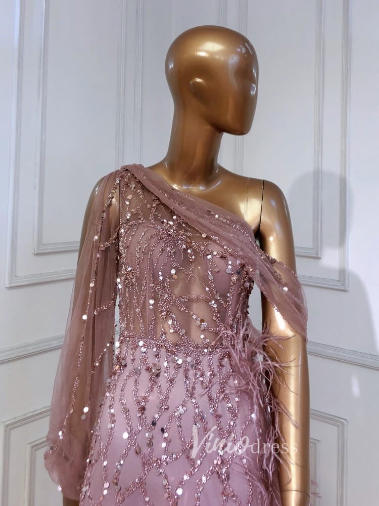 Beaded Mauve Feather Prom Dressses One Shoulder Long Sleeve Green Evening Dress 20009-Evening Dresses 2025 -Viniodress-Emerald Green-US 2-
