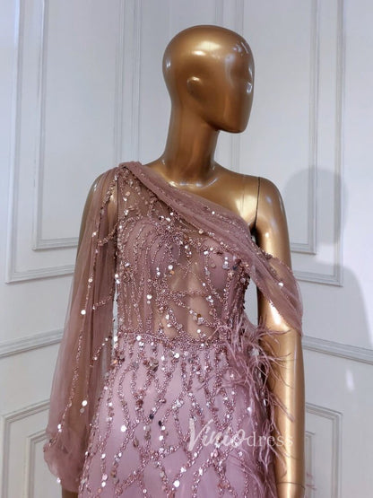 Beaded Mauve Feather Prom Dressses One Shoulder Long Sleeve Green Evening Dress 20009-Evening Dresses 2025 -Viniodress-Emerald Green-US 2-