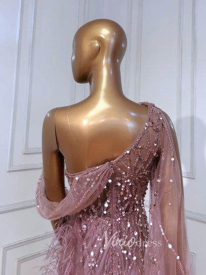 Beaded Mauve Feather Prom Dressses One Shoulder Long Sleeve Green Evening Dress 20009-Evening Dresses 2025 -Viniodress-Emerald Green-US 2-