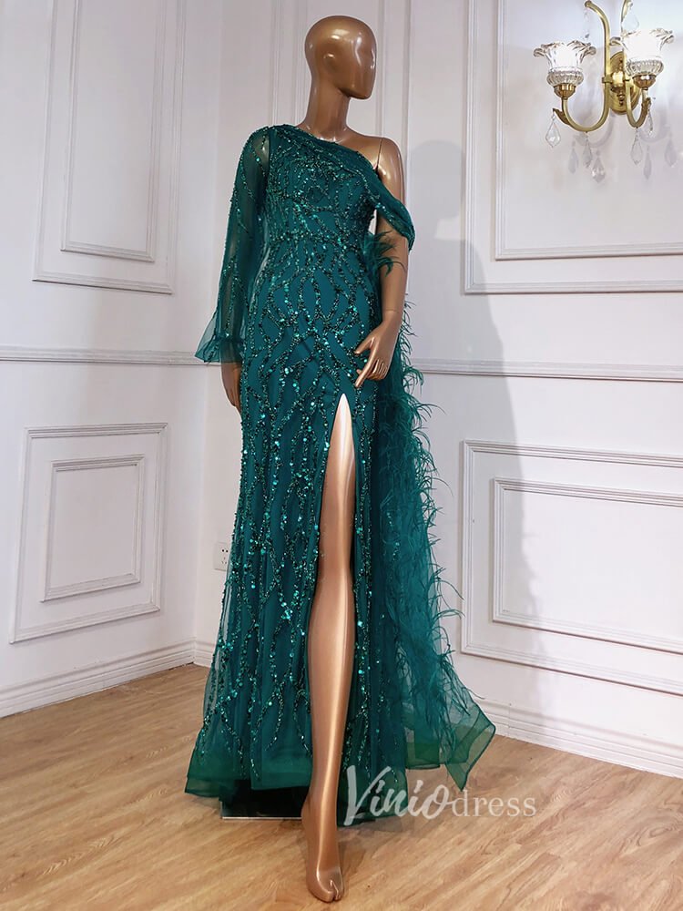 Beaded Mauve Feather Prom Dressses One Shoulder Long Sleeve Green Evening Dress 20009-Evening Dresses 2025 -Viniodress-Emerald Green-US 2-