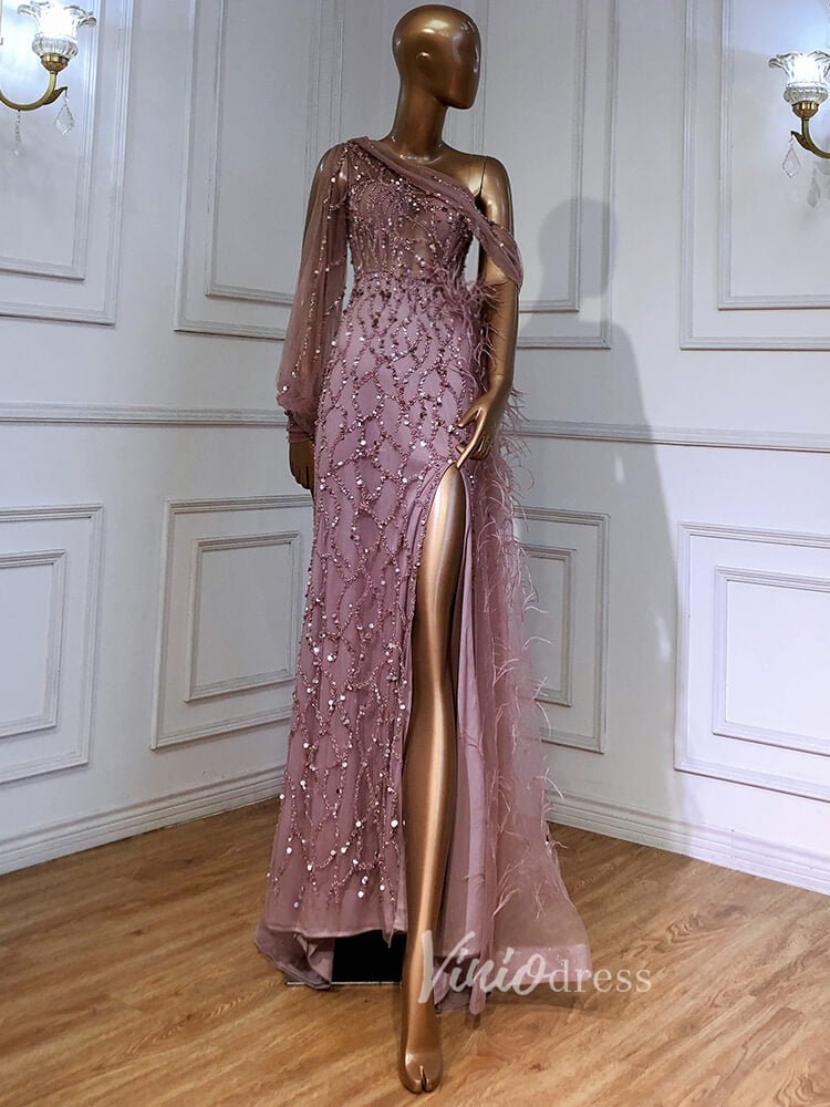 Beaded Mauve Feather Prom Dressses One Shoulder Long Sleeve Green Evening Dress 20009-Evening Dresses 2025 -Viniodress-Mauve-US 2-