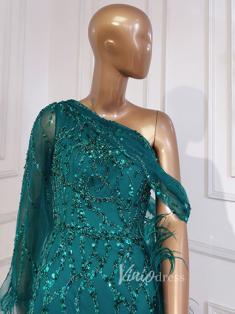 Prom Dress 2025 Beaded Mauve Feather Prom Dressses One Shoulder Long Sleeve Green Evening Dress 20009-unique prom dresses-Emerald Green-US 2-Viniodress