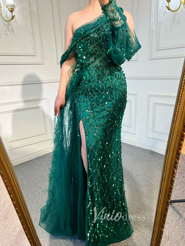 Prom Dress 2025 Beaded Mauve Feather Prom Dressses One Shoulder Long Sleeve Green Evening Dress 20009-unique prom dresses-Emerald Green-US 2-Viniodress