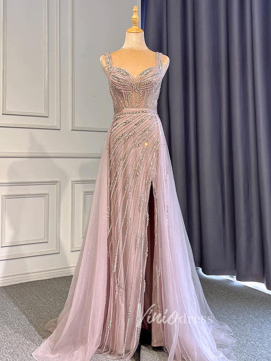 Beaded Mauve Prom Dresses Overskirt Sheath Gold Evening Dress with Slit 20010-Evening Dresses 2025 -Viniodress-Mauve-US 2-