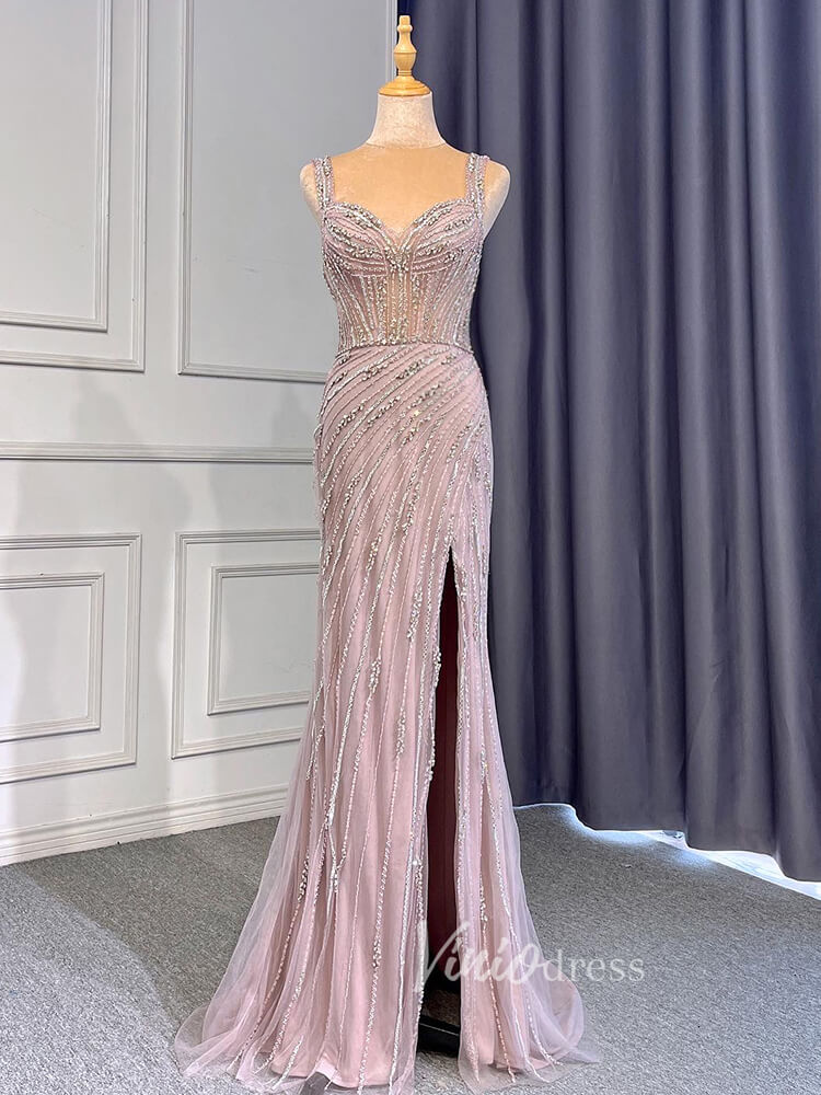 Beaded Mauve Prom Dresses Overskirt Sheath Gold Evening Dress with Slit 20010-prom dresses-Viniodress-Viniodress