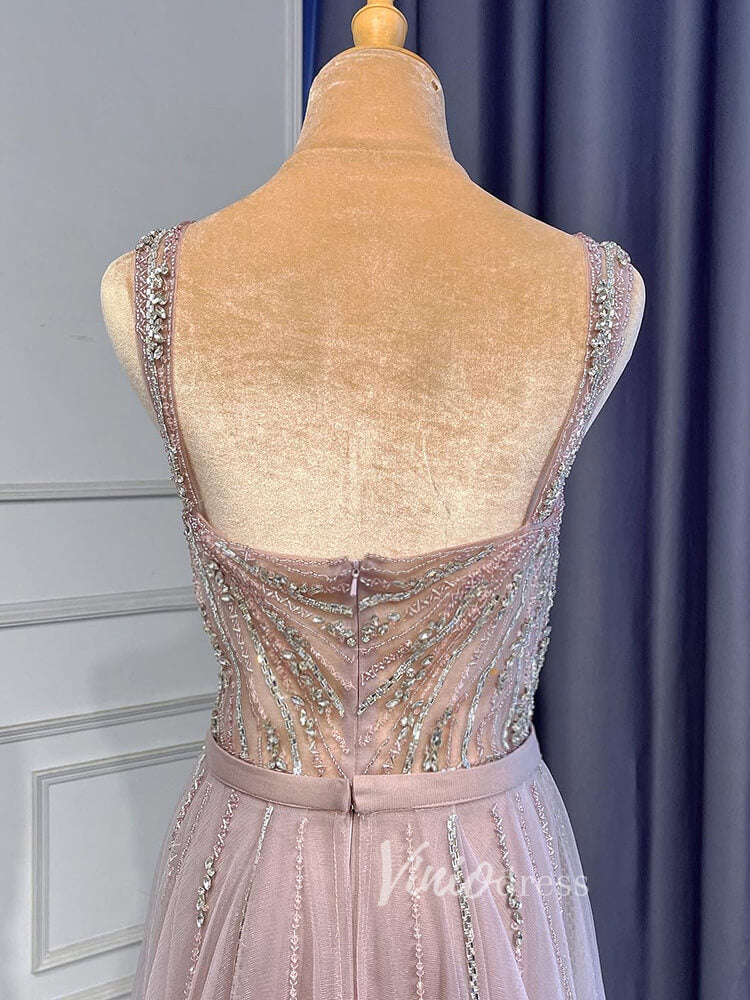 Beaded Mauve Prom Dresses Overskirt Sheath Gold Evening Dress with Slit 20010-prom dresses-Viniodress-Viniodress