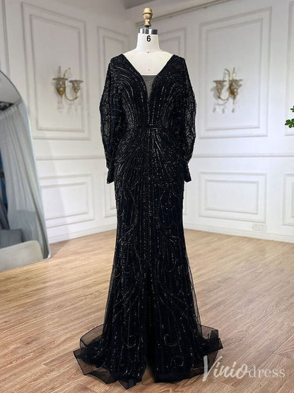 Beaded Mermaid Batwing Sleeve Prom Dresses V-Neck Pageant Dress 20217-Evening Dresses 2025 -Viniodress-Black-US 2-