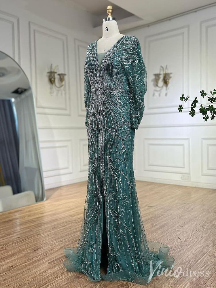 Beaded Mermaid Batwing Sleeve Prom Dresses V-Neck Pageant Dress 20217-Evening Dresses 2025 -Viniodress-Champagne-US 2-