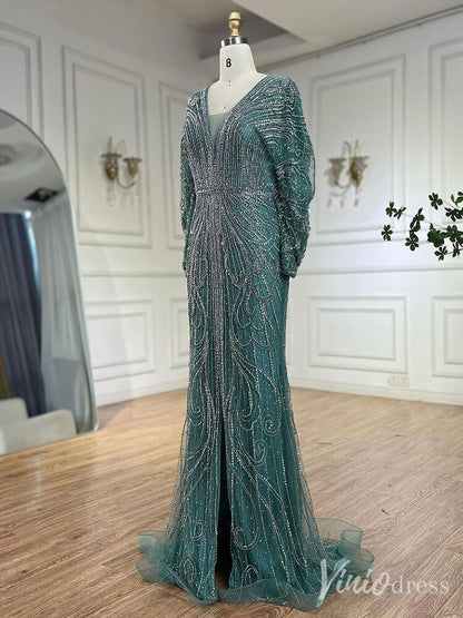Beaded Mermaid Batwing Sleeve Prom Dresses V-Neck Pageant Dress 20217-Evening Dresses 2025 -Viniodress-Champagne-US 2-