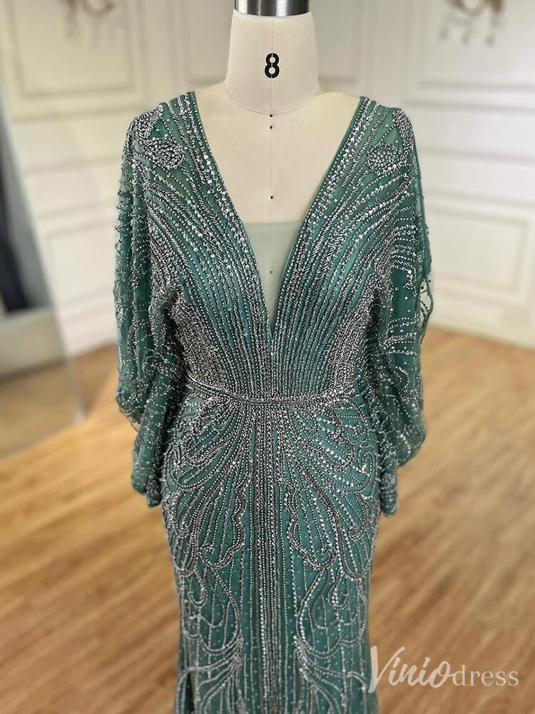 Beaded Mermaid Batwing Sleeve Prom Dresses V-Neck Pageant Dress 20217-Evening Dresses 2025 -Viniodress-Champagne-US 2-