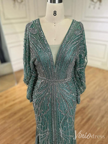 Beaded Mermaid Batwing Sleeve Prom Dresses V-Neck Pageant Dress 20217-Evening Dresses 2025 -Viniodress-Champagne-US 2-