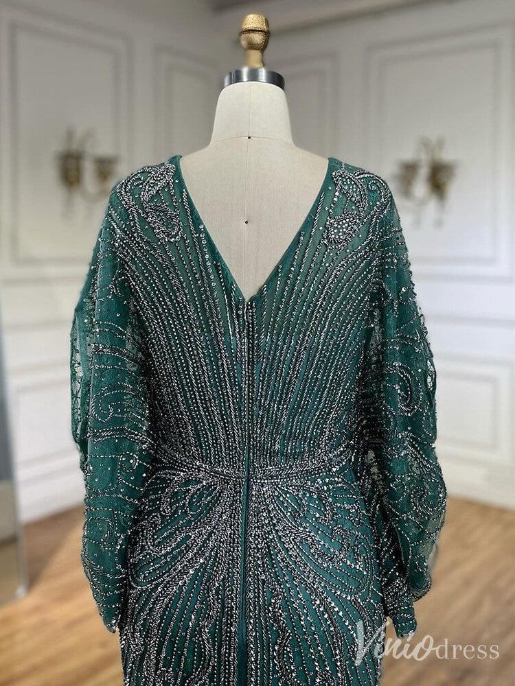 Beaded Mermaid Batwing Sleeve Prom Dresses V-Neck Pageant Dress 20217-Evening Dresses 2025 -Viniodress-Champagne-US 2-