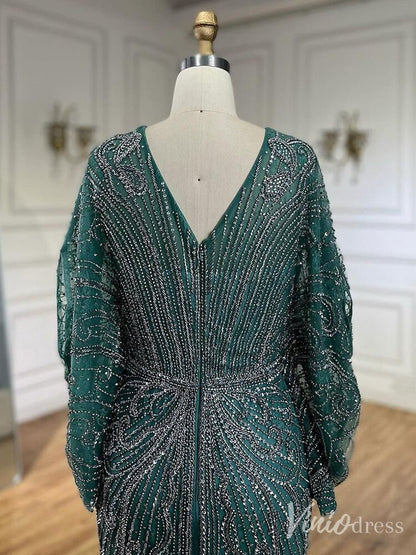 Beaded Mermaid Batwing Sleeve Prom Dresses V-Neck Pageant Dress 20217-Evening Dresses 2025 -Viniodress-Champagne-US 2-