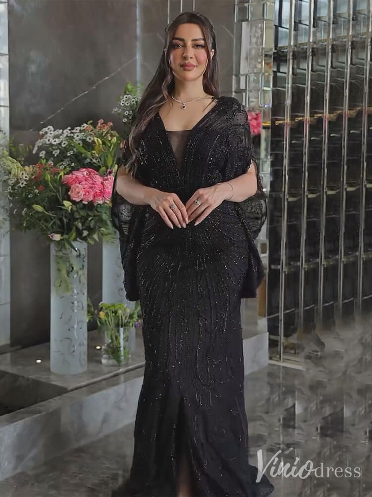 Beaded Mermaid Batwing Sleeve Prom Dresses V-Neck Pageant Dress 20217-Evening Dresses 2025 -Viniodress-Champagne-US 2-