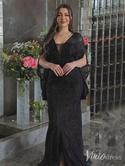 Beaded Mermaid Batwing Sleeve Prom Dresses V-Neck Pageant Dress 20217-Evening Dresses 2025 -Viniodress-Champagne-US 2-