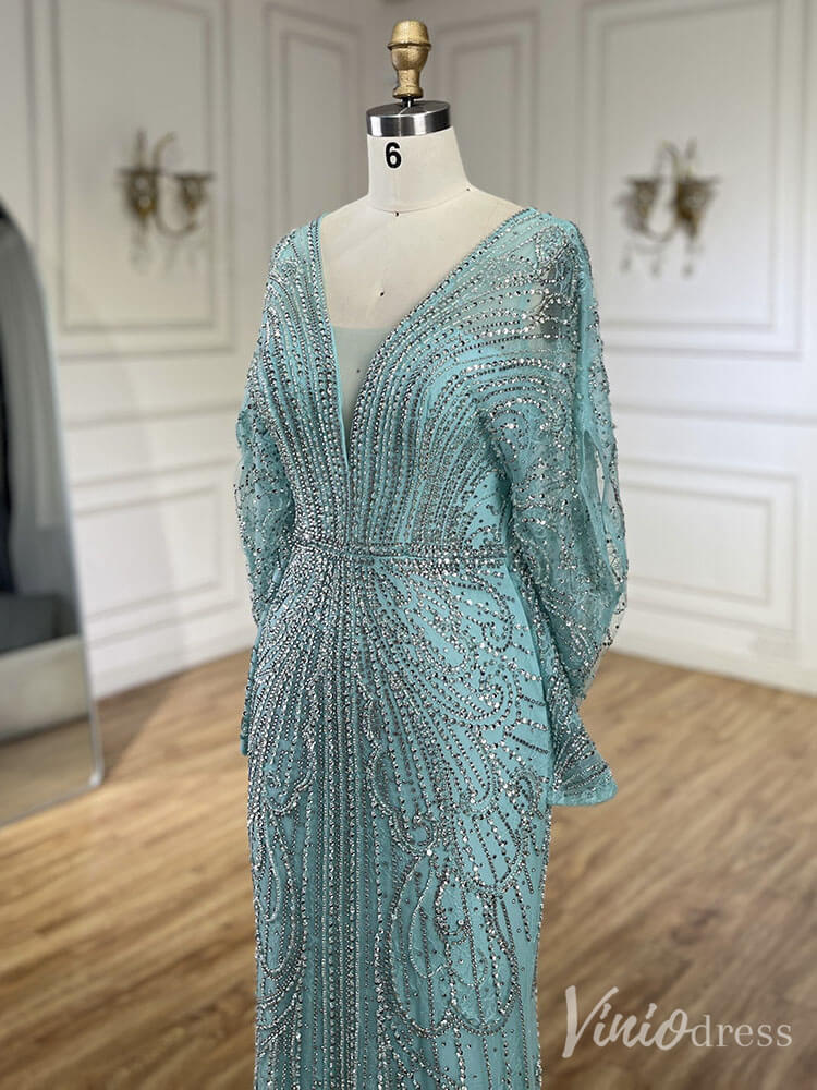 Beaded Mermaid Batwing Sleeve Prom Dresses V-Neck Pageant Dress 20217-Evening Dresses 2025 -Viniodress-Champagne-US 2-