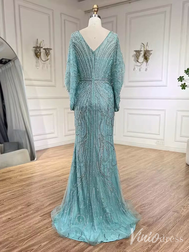 Beaded Mermaid Batwing Sleeve Prom Dresses V-Neck Pageant Dress 20217-Evening Dresses 2025 -Viniodress-Champagne-US 2-