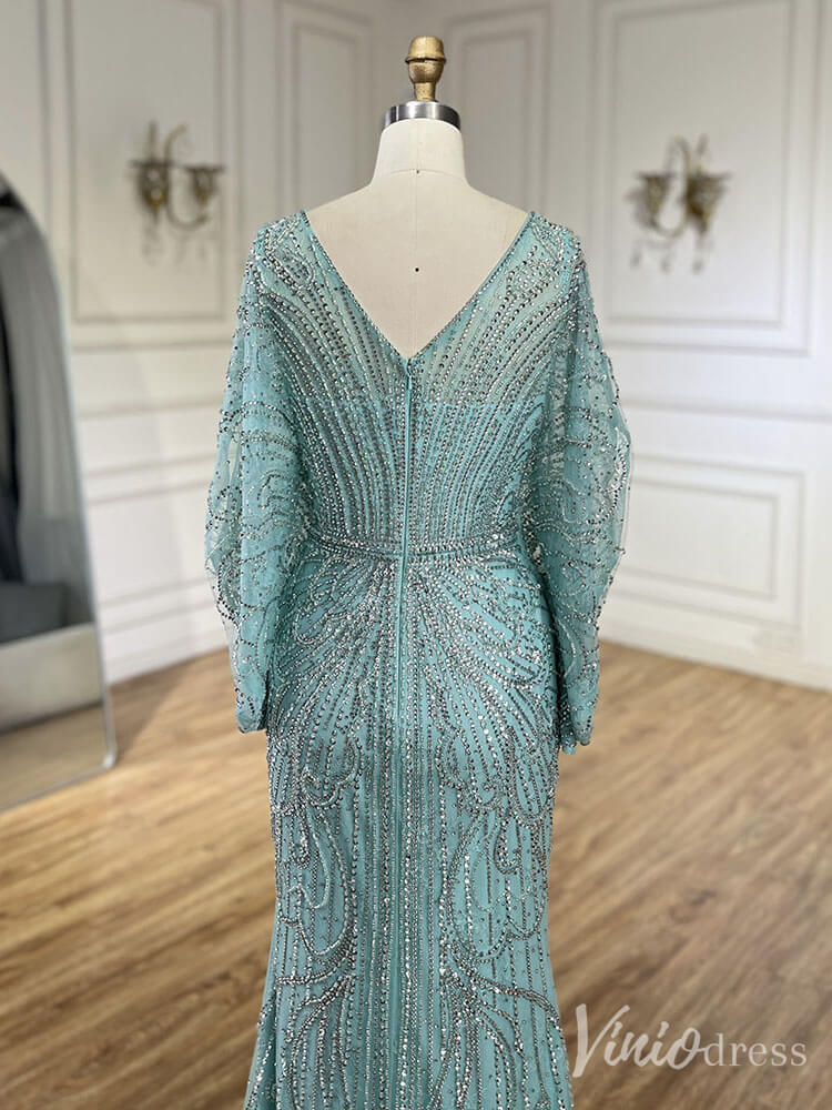 Beaded Mermaid Batwing Sleeve Prom Dresses V-Neck Pageant Dress 20217-Evening Dresses 2025 -Viniodress-Champagne-US 2-