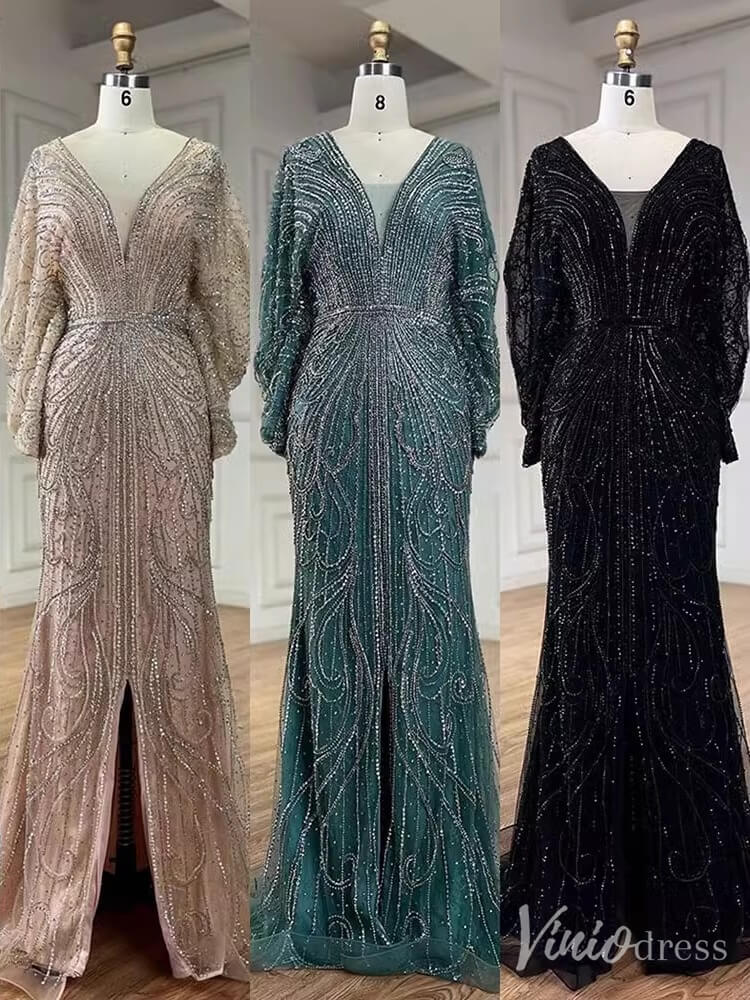 Beaded Mermaid Batwing Sleeve Prom Dresses V-Neck Pageant Dress 20217-Evening Dresses 2025 -Viniodress-Champagne-US 2-