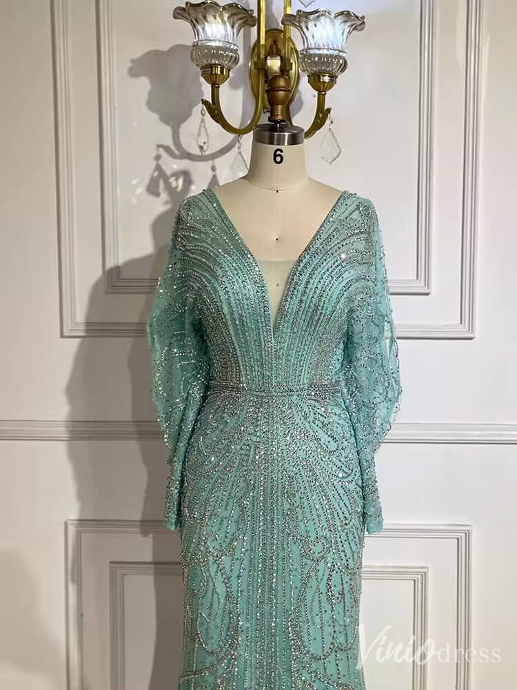 Beaded Mermaid Batwing Sleeve Prom Dresses V-Neck Pageant Dress 20217-Evening Dresses 2025 -Viniodress-Champagne-US 2-