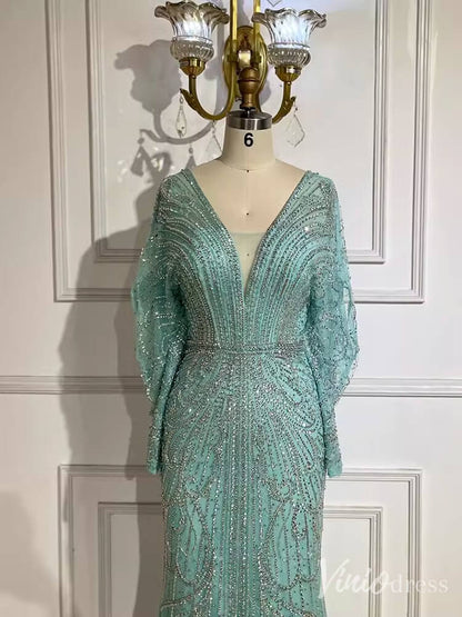 Beaded Mermaid Batwing Sleeve Prom Dresses V-Neck Pageant Dress 20217-Evening Dresses 2025 -Viniodress-Champagne-US 2-