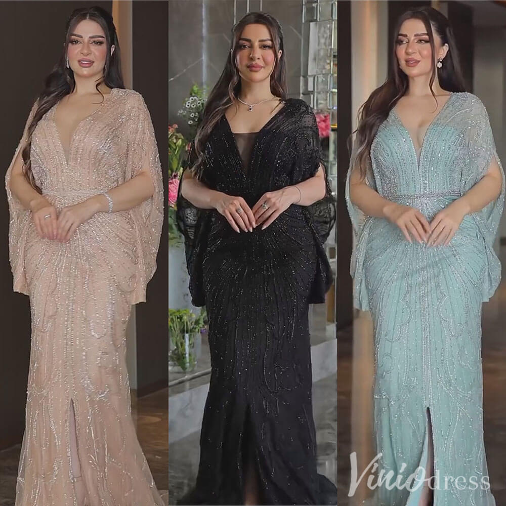 Beaded Mermaid Batwing Sleeve Prom Dresses V-Neck Pageant Dress 20217-Evening Dresses 2025 -Viniodress-Champagne-US 2-