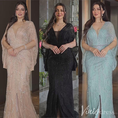 Beaded Mermaid Batwing Sleeve Prom Dresses V-Neck Pageant Dress 20217-Evening Dresses 2025 -Viniodress-Champagne-US 2-