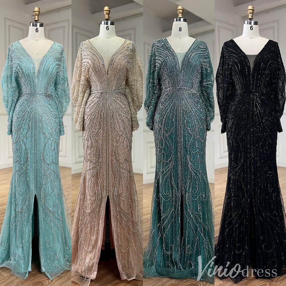 Beaded Mermaid Batwing Sleeve Prom Dresses V-Neck Pageant Dress 20217-Evening Dresses 2025 -Viniodress-Champagne-US 2-
