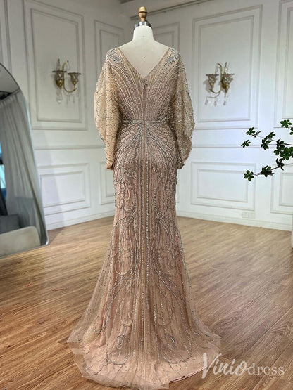 Beaded Mermaid Batwing Sleeve Prom Dresses V-Neck Pageant Dress 20217-Evening Dresses 2025 -Viniodress-Champagne-US 2-
