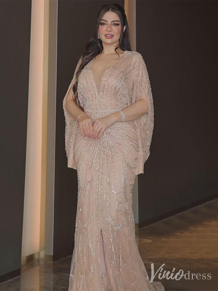 Beaded Mermaid Batwing Sleeve Prom Dresses V-Neck Pageant Dress 20217-Evening Dresses 2025 -Viniodress-Champagne-US 2-